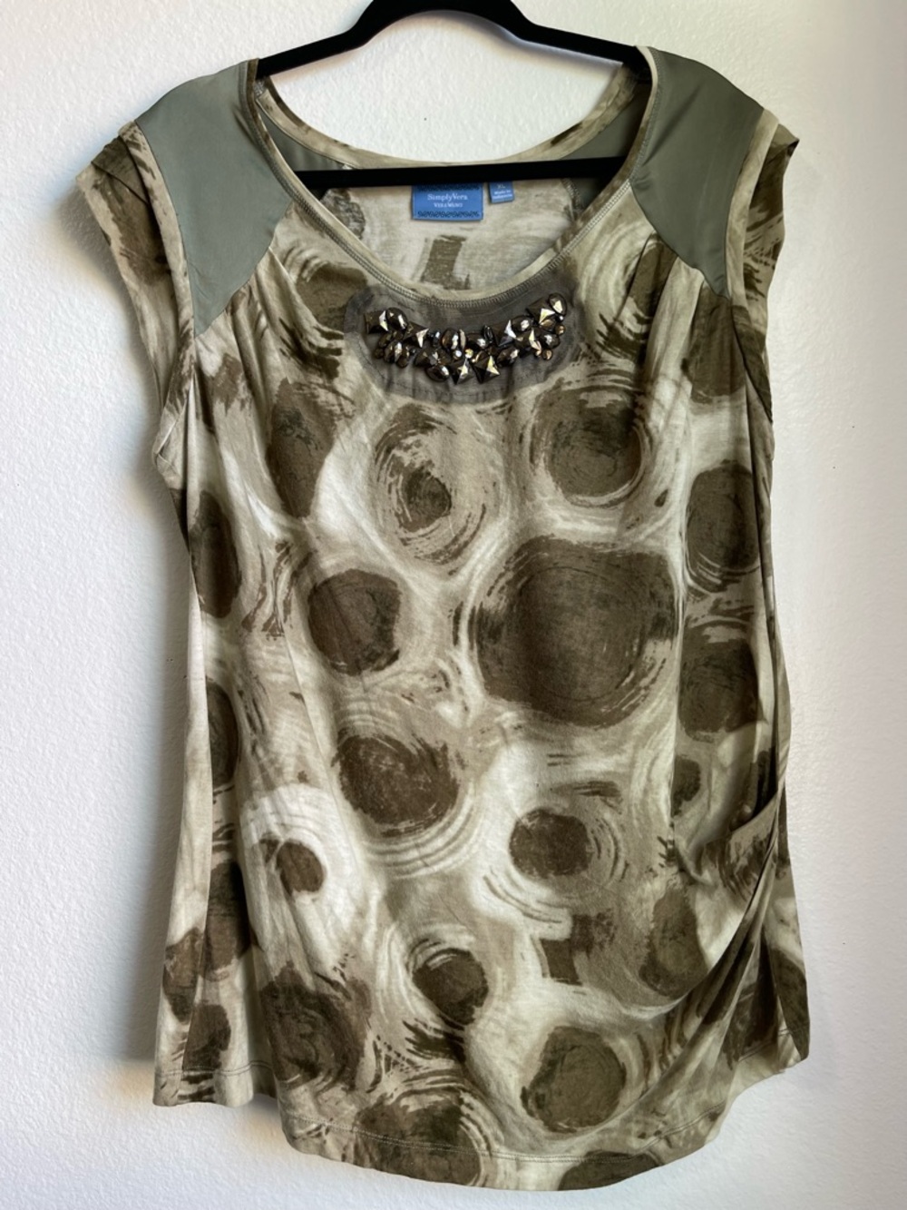 Simply Vera Vera Wang Olive & Cream Jeweled Scoop-Neck Cap Sleeve Top Size XL